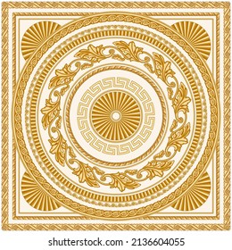 Baroque scrolls rosette, golden Greek key pattern frieze, meander circle  border, floral carved frame, grapevine garland on a beige background. Scarf, bandana print, neckerchief, square pocket range