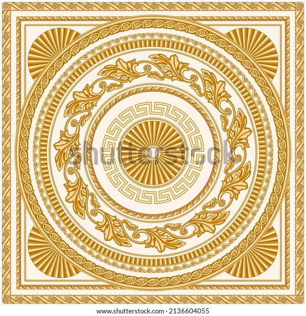 Baroque scrolls rosette, golden Greek key pattern\
frieze, meander circle  border, floral carved frame, grapevine\
garland on a beige background. Scarf, bandana print, neckerchief,\
square pocket range