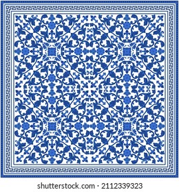 Baroque scrolls rosette, indigo blue Greek key pattern, meander border frieze, carved frame on a white background. Scarf, bandana blue print, neckerchief, pocket handkerchief, carpet 