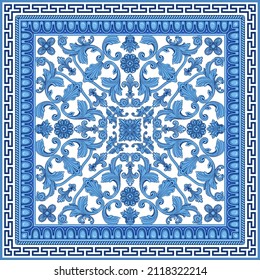 Baroque scrolls rosette, indigo blue Greek key pattern, meander border frieze, carved frame on a white background. Scarf, bandana blue print, neckerchief, pocket handkerchief, carpet 