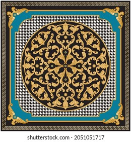 Baroque scrolls rosette, turquoise gem, gold Greek key pattern, meander border frieze on a black hounds tooth and turquoise background. Scarf, bandana print, neckerchief, pocket handkerchief, carpet 