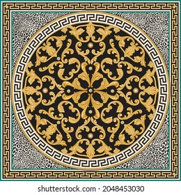 Baroque scrolls, sea pearl shell, gold cable pattern, Greek meander border frieze on a beige and black leopard skin background. Scarf, bandana print, neckerchief, kerchief, silk textile patch, carpet