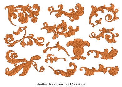 Pergaminos barrocos. Antiguas adornos Elementos, decoraciones retro, rizos de filigrana victoriana, florecer elegante diseño de madera, esquina o borde monocromo, divisores de grabado espléndido conjunto aislado de Vector