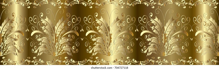 Baroque seamless border pattern. Floral damask gold background wallpaper with 3d gold butterflies, flowers, scroll leaves and antique ornaments in Baroque victorian style. Vector luxury  texture