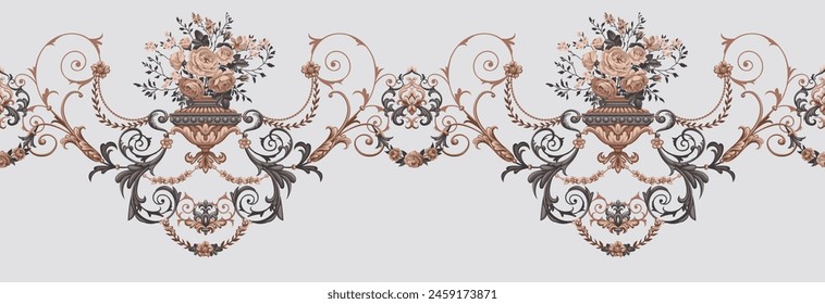 Baroque seamless border with vase and bouquet of roses in duocolors