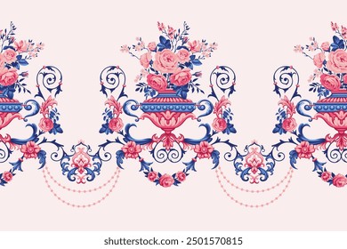 Baroque seamless border with vase and bouquet of roses in duocolors