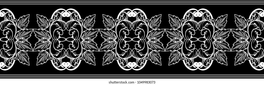 Baroque seamless border. Vector floral repeat pattern. Antique ornament. Vintage  flowers, scroll leaves. Black and white background. Isolated border design for wallpapers, fabric, textile, prints.