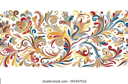 Baroque seamless border with vintage floral ornament. Vector illustration, flower pattern. Pastel brown red blue colors