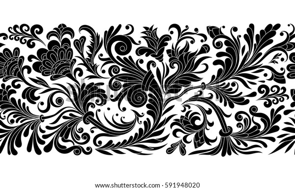 Baroque seamless border\
with vintage floral ornament. Vector illustration, flower pattern.\
One color print