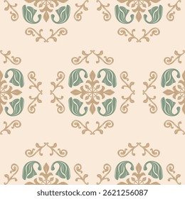 barroco tecido sem costura padrão digital ouro fada e verde ornamento pergaminho branco no fundo bege. Luxo abstrato Repetir o design para rico e caro papel de parede azulejos têxteis mosaico piso