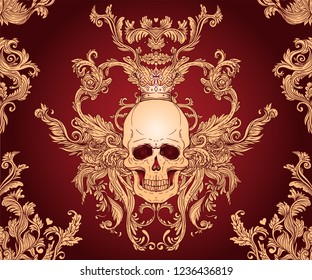 Baroque seamless ornament. Damask style pattern with skull. Vintage ornate vector design for wallpaper, wrapper, fashion textile.