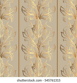 Baroque seamless pattern. 3d wallpaper. Ornate light  background illustration with vintage  antique medieval gold flowers, leaves and floral damask ornaments. Vector luxury fabric texture.