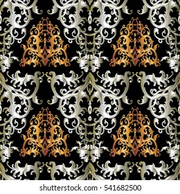 Baroque seamless pattern. Antique damask wallpaper with gold and silver  flowers, leaves and medieval ornaments