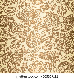 Baroque seamless pattern or background with birds and flowers in gold style