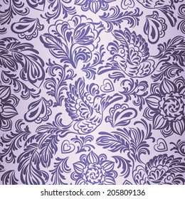 Baroque seamless pattern or background with birds and flowers in purple style