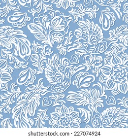 Baroque seamless pattern or background with birds and flowers in blue style