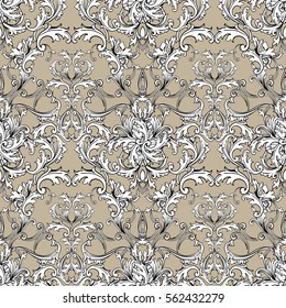 Baroque seamless pattern background wallpaper illustration with vintage antique decorative flowers,leaves and medieval damask ornaments. Vector fabric texture.