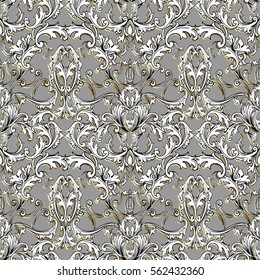 Baroque seamless pattern background wallpaper illustration with vintage antique decorative flowers,leaves and medieval damask ornaments. Vector fabric texture.