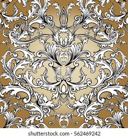 Baroque seamless pattern background wallpaper illustration with vintage antique decorative flowers,leaves and medieval damask ornaments. Vector fabric texture.