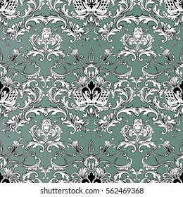Baroque seamless pattern background wallpaper illustration with vintage  royal crown,flowers, scroll leaves  and antique medieval damask ornaments. Elegant vector endless  fabric texture.