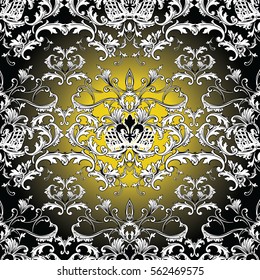 Baroque seamless pattern background wallpaper illustration with vintage  royal crown,flowers, scroll leaves  and antique medieval damask ornaments. Elegant vector endless  fabric texture.