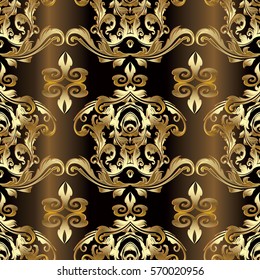 Baroque seamless pattern  background wallpaper illustration with vintage antique decorative flowers,leaves and medieval  gold damask ornaments in Victorian  style. Vector fabric drapery brown  texture