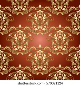 Baroque seamless pattern  background wallpaper illustration with vintage antique decorative flowers,leaves and medieval  gold damask ornaments in Victorian  style. Vector elegant fabric  texture