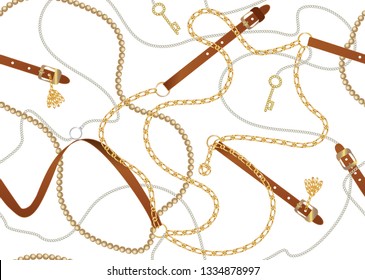 Baroque seamless pattern with belts, chain, braid, Golden Key and pearls.  Baroque print with jewelry elements. Background for fabric design. 1t