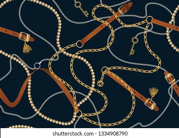 Baroque seamless pattern with belts, chain, braid, Golden Key and pearls.  Baroque print with jewelry elements. Background for fabric design. 1t