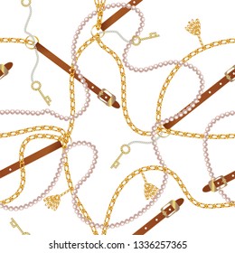 Baroque Seamless pattern with belts, chain, braid, Golden Key and pearls.  Baroque print with jewelry elements. Background for fabric design. 1t