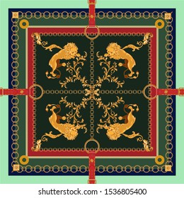 Baroque seamless pattern with belts, lions and chains. Vector patch for print, fabric, scarf.