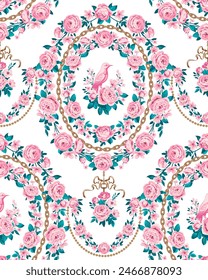 Baroque seamless pattern with bird and flowers in frame of roses for wallpaper and textile, classic print style