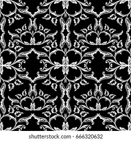 Baroque seamless pattern. Black floral damask background wallpaper illustration with white vintage flowers, scroll swirl curve leaves and antique baroque ornaments. Vector luxury isolated rich texture