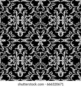 Baroque seamless pattern. Black floral damask background wallpaper illustration with white vintage flowers, scroll swirl curve leaves and antique baroque ornaments. Vector isolated baroque pattern.