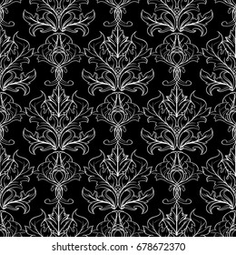 Baroque seamless pattern.  Black floral background wallpaper illustration with white vintage antique scroll leaves and line art tracery baroque ornaments . Damask  texture for fabrics, textile, prints