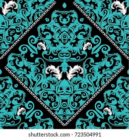 Baroque seamless pattern. Black floral ornate background. Luxury antique damask wallpaper. Scroll leaves, flowers, lace frames and vintage blue Baroque ornaments. Vector ornamental rich damask texture