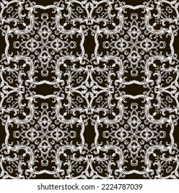 Baroque seamless pattern. Black and white floral Damask background wallpaper fabric with elegance lines flowers, scroll swirl leaves, antique ornament in Baroque style. Luxury design. Endless texture