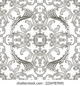 Baroque seamless pattern. Black and white floral Damask background wallpaper fabric with vintage lines flowers, scroll leaves. Antique ornaments in Baroque Victorian style. Endless texture. Isolated.