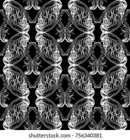 Baroque seamless pattern. Black white vector background fabric wallpaper illustration with vintage antique baroque flowers, scroll leaves and grunge floral abstract ornaments. Isolated modern texture