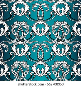 Baroque seamless pattern. Blue floral damask background wallpaper illustration with black and white vintage  flowers, scroll swirl curve leaves and antique baroque ornaments. Vector elegance texture