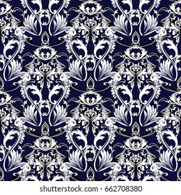 Baroque seamless pattern. Blue floral damask background wallpaper illustration with black and white vintage  flowers, scroll swirl curve leaves and antique baroque ornaments. Vector luxury texture