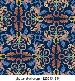 Baroque seamless pattern. Blue vector damask background wallpaper with vintage colorful flowers, scroll leaves, dots. Line art tracery leafy baroque ornament. Ornate texture. Elegant floral design