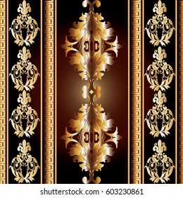 Baroque seamless pattern border. Vector striped floral background wallpaper with 3d gold vintage flowers, leaves, greek key  and antique damask ornaments. Luxury texture for fabric, textile, curtains