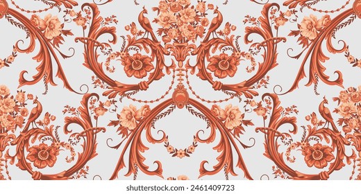 Baroque seamless pattern with  bouquet of roses and peonies, floral motif and peacocks