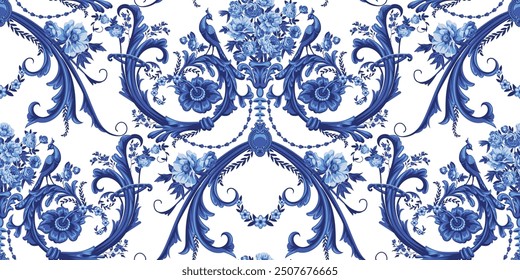 Baroque seamless pattern with bouquet of roses and peonies, floral motif and peacocks