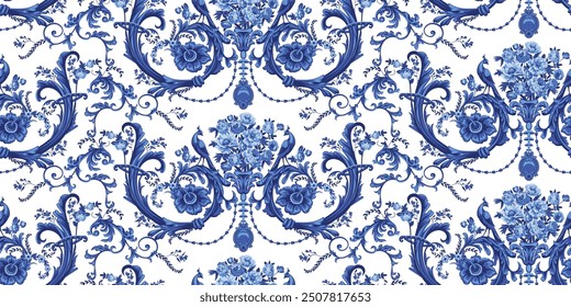 Baroque seamless pattern with bouquet of roses and peonies, floral motif and peacocks