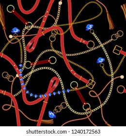 Baroque seamless pattern with chains, belts, gems and braid. Vector patch for print, fabric design. Baroque seamless pattern with chains, belts, gems and braid. Vector patch for print, fabric design.