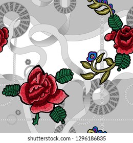 Baroque seamless pattern with chains and embroidery roses. Vector patch for scarfs, print, fabric.