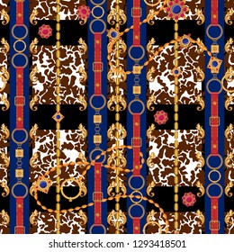 Baroque seamless pattern with chains, gems and leaves. Vector check patch for scarfs, print, fabric.