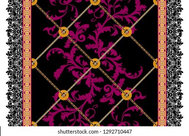 Baroque seamless pattern with chains and leaves. Vector modern patch for scarf.